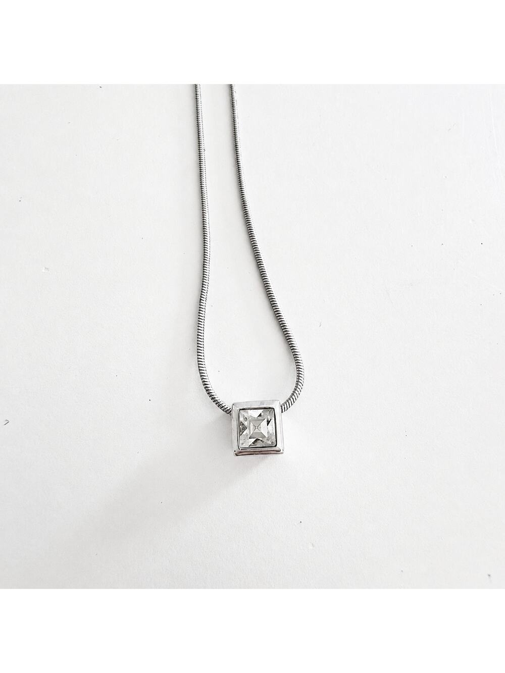 Christian Dior Crystal Square Pendant Necklace Silver Tone Costume Jewelry